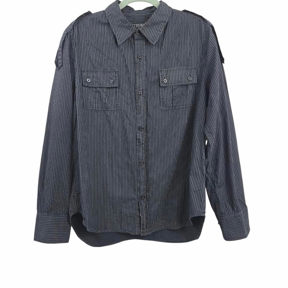 Tripp NYC Mens‎ Black Pinstripe Button Down Shirt Long Sleeve Goth Epaulets L